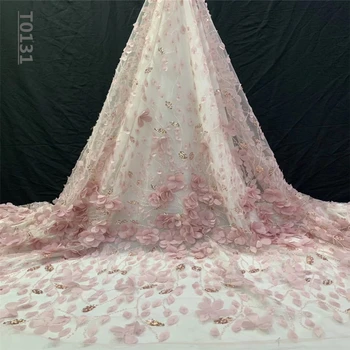 

African Tulle Fabric 3d 2019 Latest Heavy French Rose Flower Nigerian Wedding Beaded Mesh Net Flowers Lace Fabric