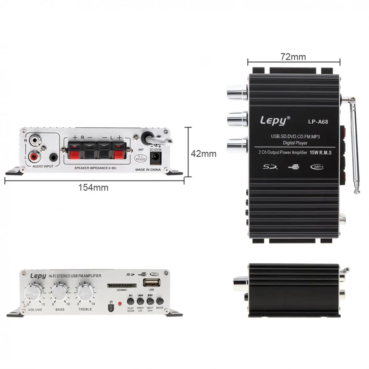 LP-A68 15W x 2 2CH HI-FI Digital Audio Player Car Amplifier FM Radio Stereo Player Support SD / USB / MP3 DVD Input EU/US Plug