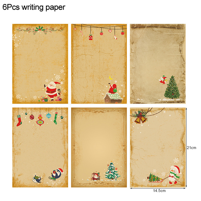 Vintage Christmas Kraft Letter Paper Santa Claus Snowman Letter Pad Gift Invitation Greeting Card with Envelopes Xmas Party