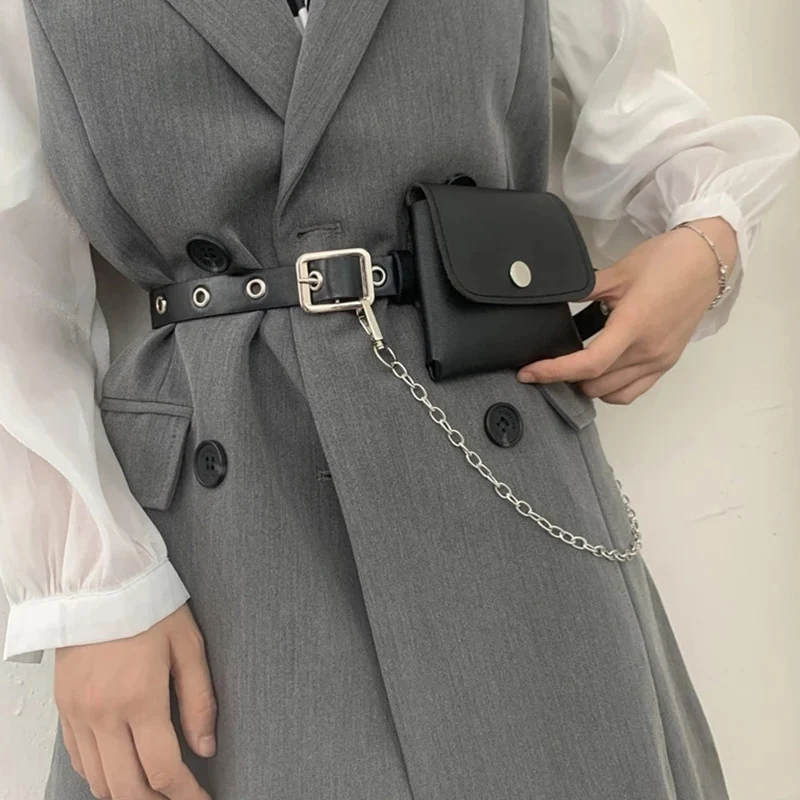 

Chic Women Fashion PU Leather Waist Packs Plus Size Leather Waist Belts With Phone Pocket Chain Messenger Bag Black Wild Purse
