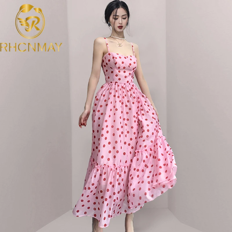 Женское длинное платье макси розовое в горошек на тонких бретелях | Женская