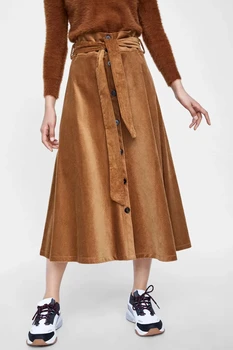 

spring Women long skirts Winter Corduroy Skirts High Waist Retro Sashes Maxi Skirts Vintage Casual Belt Lady Breasted Skirts
