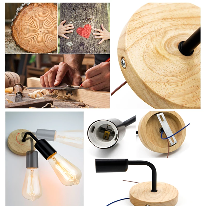2Pcs/lot Vintage Wood Wall Lamp E27 Light Bulb Retro Industrial Wall Light Fixture For Home Loft Living Room Bedside Lamp Sconce 3