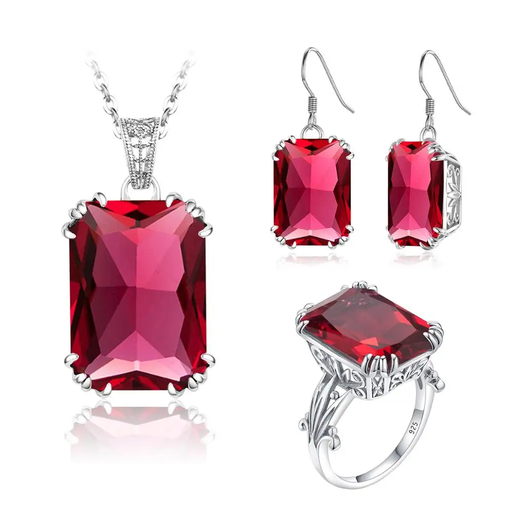 

100% Genuine 925 Silver Jewelry Set For Women Luxury Delicate Red Ruby Pendant Earrings Ring Sets Fine Jewelry Creative Handmade
