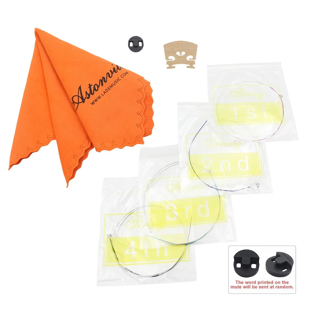 Violin 4 in 1 Set of Strings/Rubber Mute/Maple 4/4 Bridge/Cleaning Cloth Accessories Parts Replace Tool