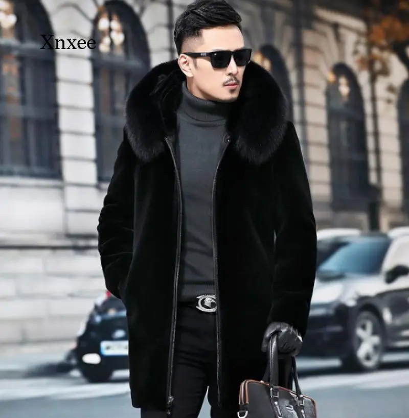 

Winter Fur Jacket Men Long Sleeve Faux Fox Fur Coat Thick Warm Hooded Luxury Fashion Black Bontjas Mens Furry Shaggy Outerwear