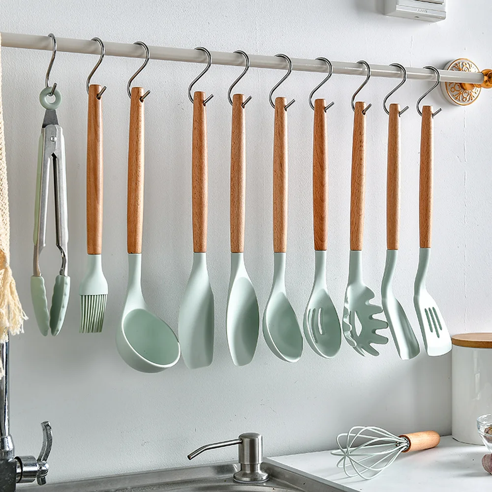 

12-Piece Silicone Cooking Utensil Tools Kitchen Utensils Set Wood Handles Spatula Sets with Holder Spoon Turner Tongs,Mint Green