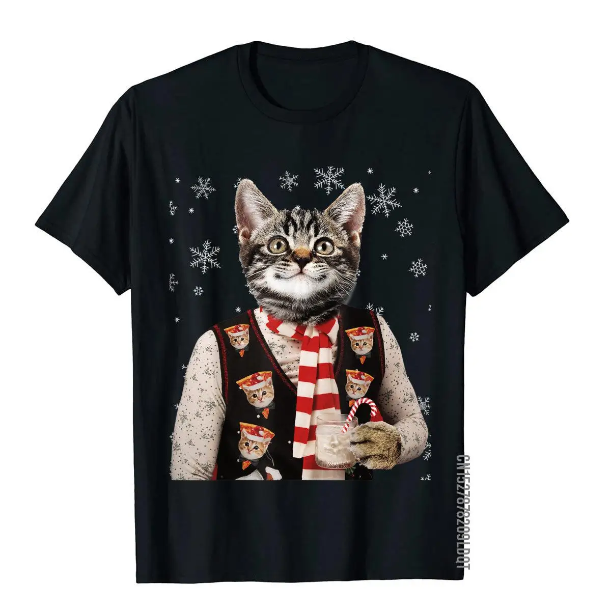 Hipster Cat Wearing Pizza Cat Sweater Funny Christmas T-Shirt__B8905black