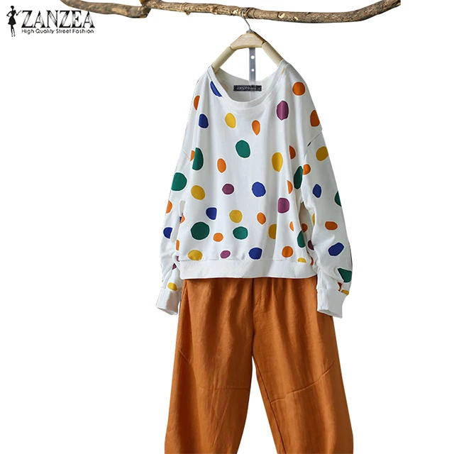 Белый ZANZEA Women Casual Long Sleeve Polka Dot Printed Blouse Autumn Pullover Loose Crew Neck Shirts Femme Robe Tunic Tops Blusas - Цвет: Белый