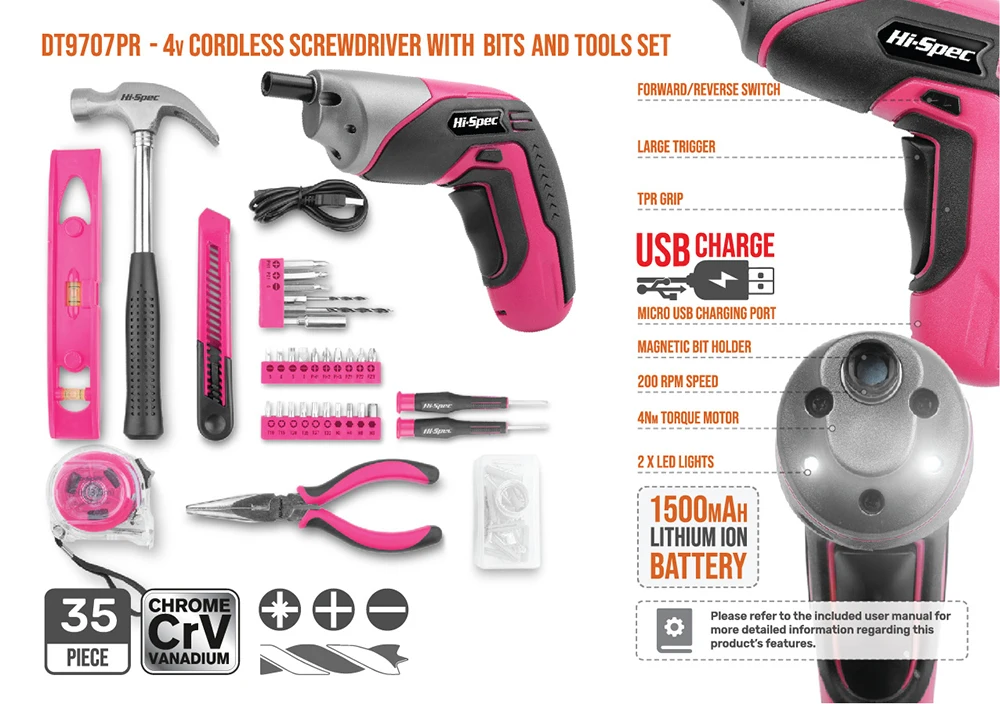 Hi-Spec 35 шт. 4 в USB электрическая отвертка Li-Ion розовый Домашний набор инструментов DIY набор ручных инструментов для девушек и женщин