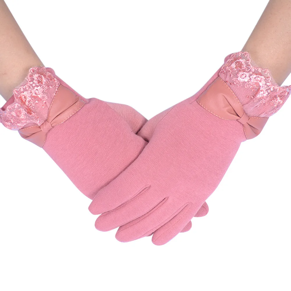 Высококачественные элегантные женские кружевные теплые зимние перчатки с сенсорным экраном, шерстяные женские милые варежки с бантом, кашемировые перчатки для девочек