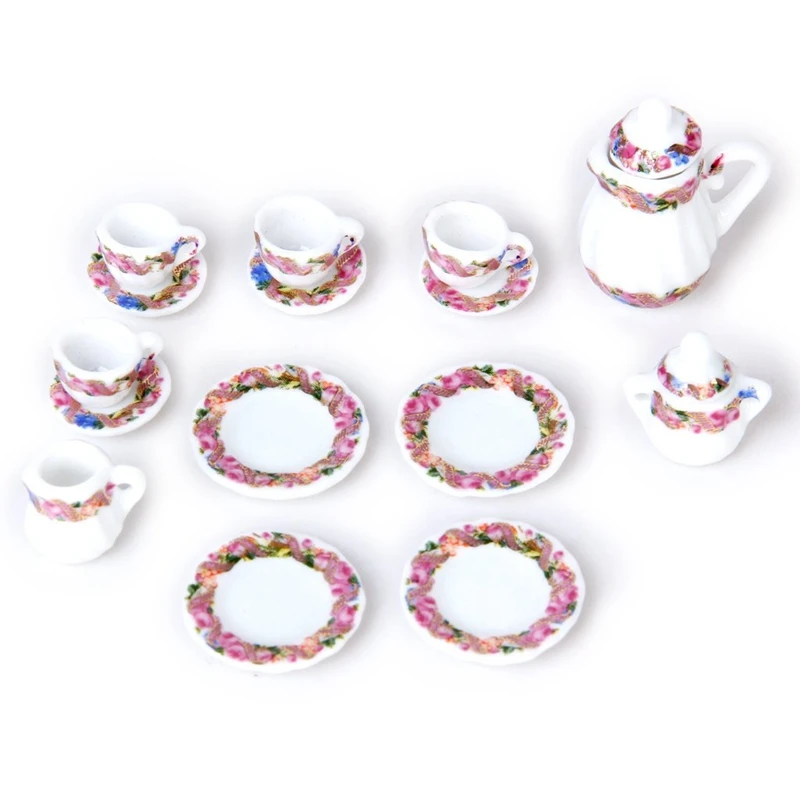 

15pcs Doll House Miniature Porcelain Tea Set Dish+Cup+Plate - Colorful Floral Print