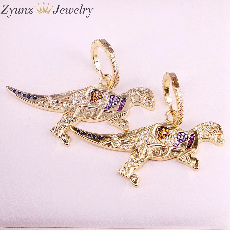 

3Pairs, Micro Pave Cubic Zirconia CZ Animal Dangling Charm Earring Gold Color CZ Micro Pave Dinosaur Jewelry Earrings