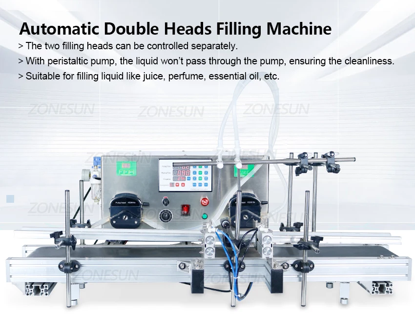 Автоматическая машина для розлива ZONESUN с 2 головками, перистальтический насос, наполнитель для бутылок, духи, эфирное масло, молоко, упаковка для напитков 