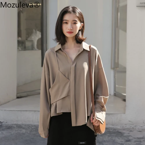 Mozuleva 2020 Spring New Women Elegant Chiffon Vintage Irregular V Neck Long Sleeve Shirt Solid Loose Blouse Tops | Женская одежда