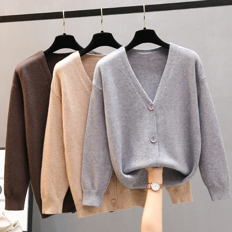 

2020 Winter Korean Style Knitted Sweaters Womens Harajuku Single Breasted Long Sleeve Cardigans V-Neck Female Loose Coats Tops
