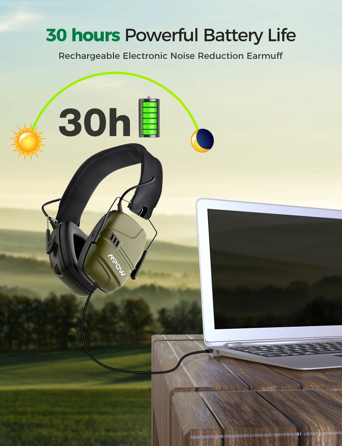 Mpow HP094 Noise Reduction Ear Muffs NRR 22dB Hearing Protection 30hrs Playing Time With Rechargeable Battery For Hunt Shoot Mow