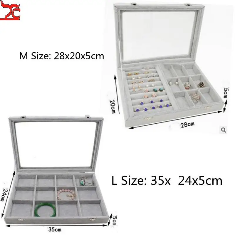 Velvet Jewelry Displaying Trays Jade Brooch Breastpin Earring Ring Organizer Holder Drawer with Glass Lid Window Showcase Gifts