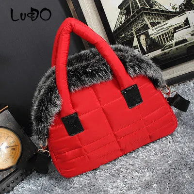 LUCDO Brand Luxury Handbag New Winter Woman Warm Space Cotton Shell Bags Designer Rabbit Fur Bag Ladies Jacket Shoulder Bag