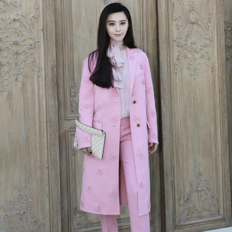 Women Wool Coat 3D Flowers Appliques Single Breasted Pink Long Trench Coat Winter Slim Elegant Casual Work Warm Woolen Coat