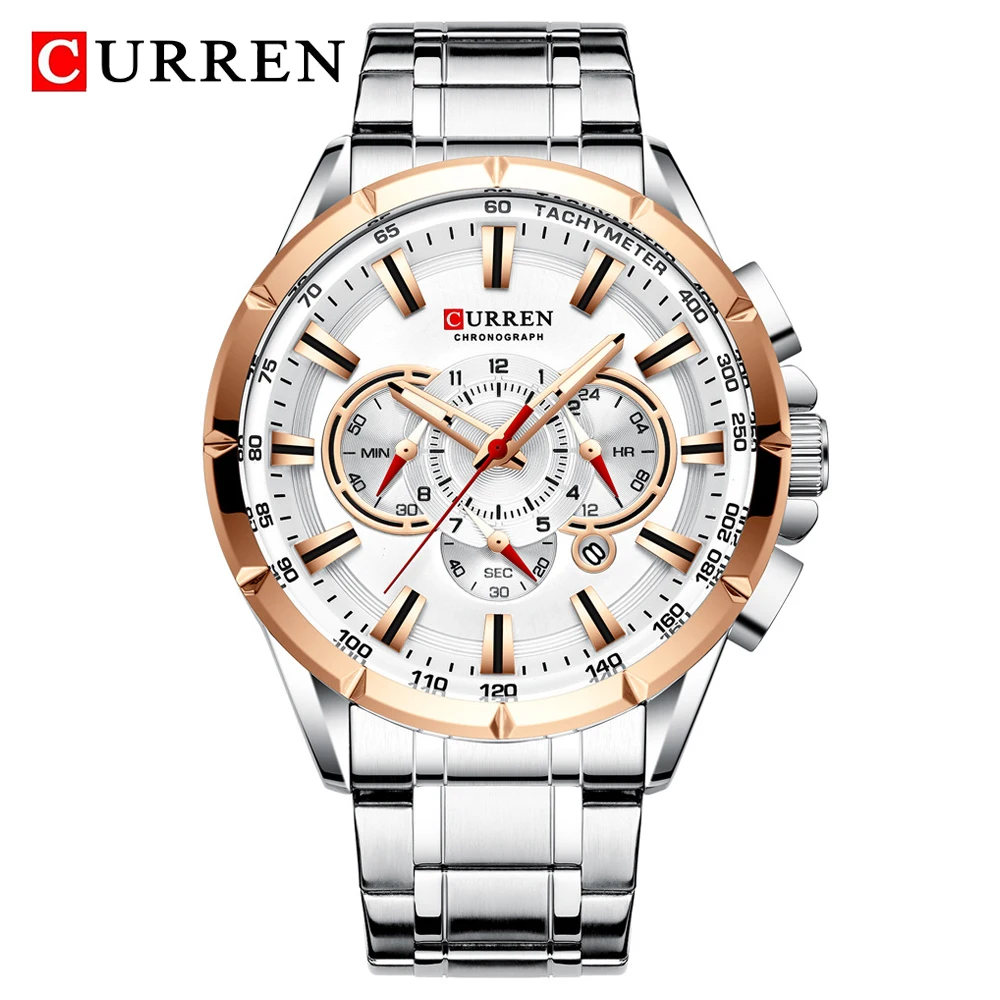 Silver Gold CURREN New Mens Watches Fashion Stainless Steel Sport Quartz Watch Men Luxury Brand Chronograph Military Waterproof Wristwatch - Цвет: Silver Gold