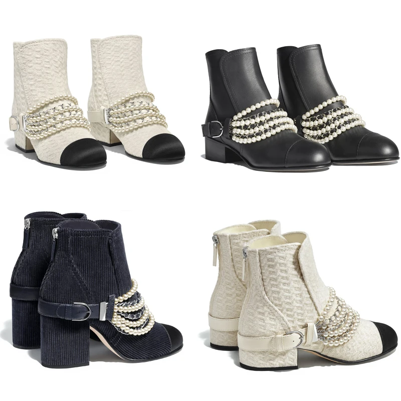 Короткие ботинки с жемчугом; ботильоны с круглым носком; элегантная женская обувь на платформе с квадратным каблуком; Цвет черный, белый; Новая модная женская обувь с цепочкой