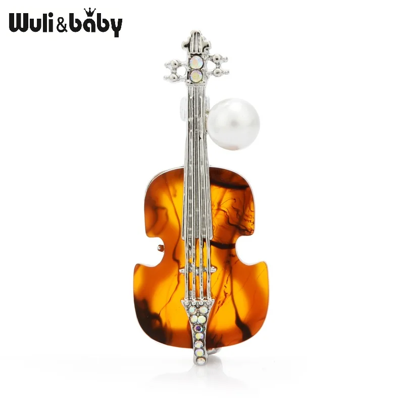 

Wuli&baby Pearl Volin Guitar Brooches For Women Brown Rhinestone Music Instruments Party Casual Brooch Pins Gifts