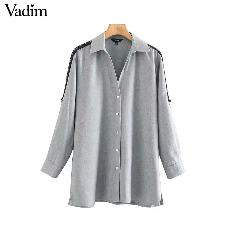 

Vadim women elegant side stripe blouse long sleeve turn down collar shirts female office wear chic tops blusas LB727