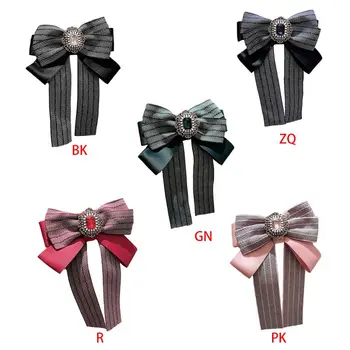 

Womens Retro Colorful Striped Bow Tie Imitation Crystal Jewelry Shirt Blouse Contrast Color Corsage Collar Brooch Pin