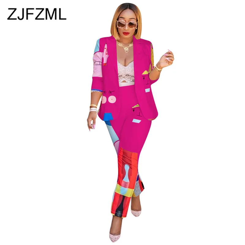 

Geometric Print Office Ladies Two Piece Set Women Turn Down Collar Long Sleeve Blazer+ Bodycon Pants Casual 2 Piece Club Outfits