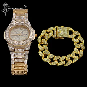 

Luxury Men Gold Color Stainless Steel Watch Waterproof Hip Hop Bracelet Crystal Miami Iced Out Cuban Chain Braclete Pulsera