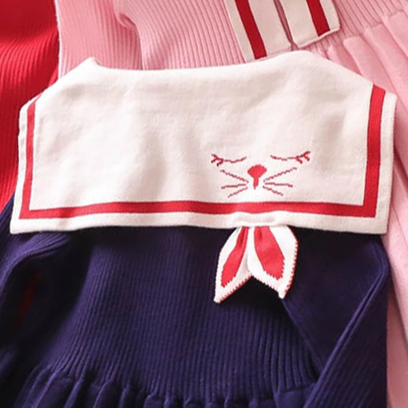 Welaken Sailor Collar Rabbit Cartoon Girls Winter Outfit Long Sleeve Baby Girl Dress Baby Girl Clothes Kids Dresses For Girls