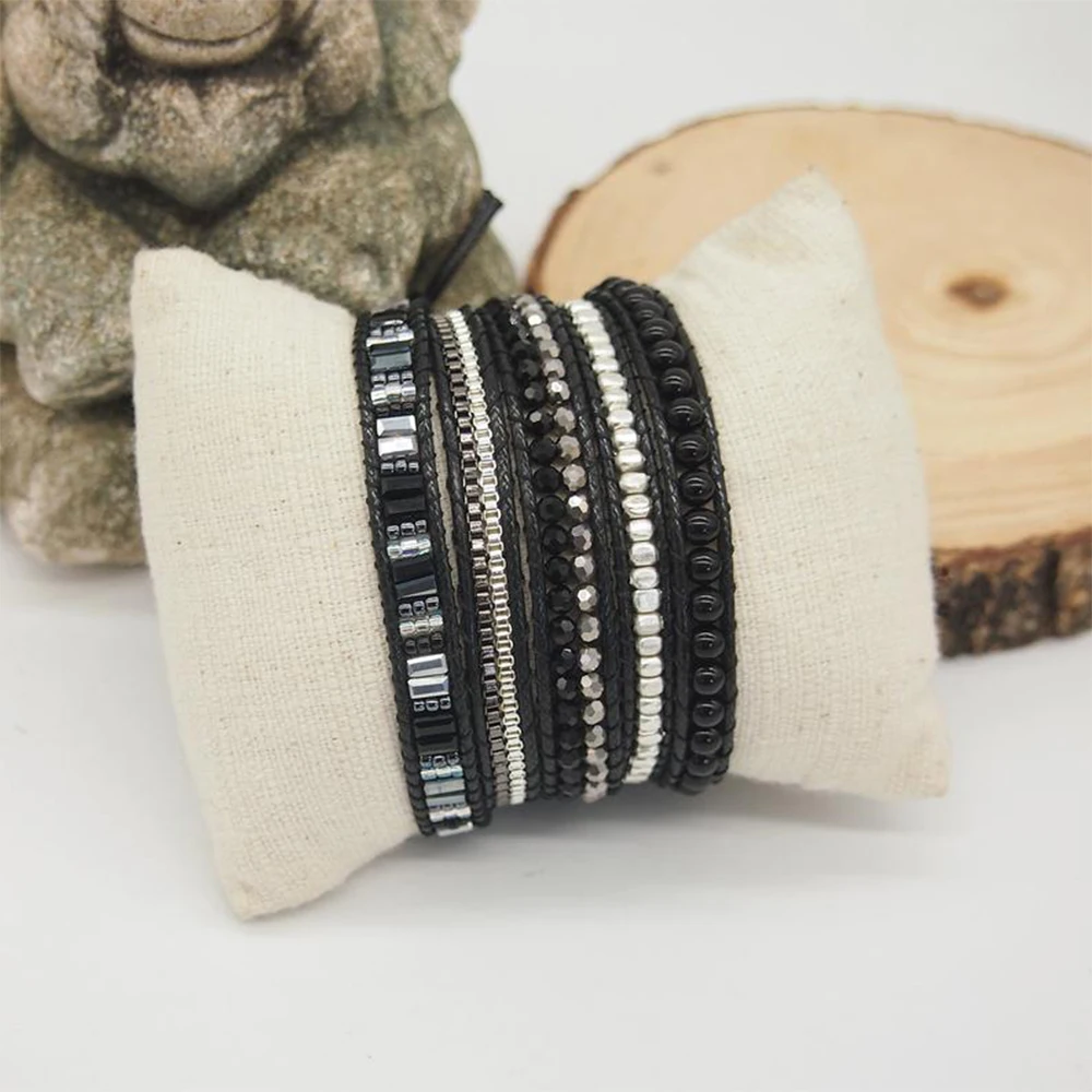 Drop Shipping Boho 5 times Wrap Black Crystal A gate Beaded Mix Bracelet with Stainless Steel Chain for Men and Women
