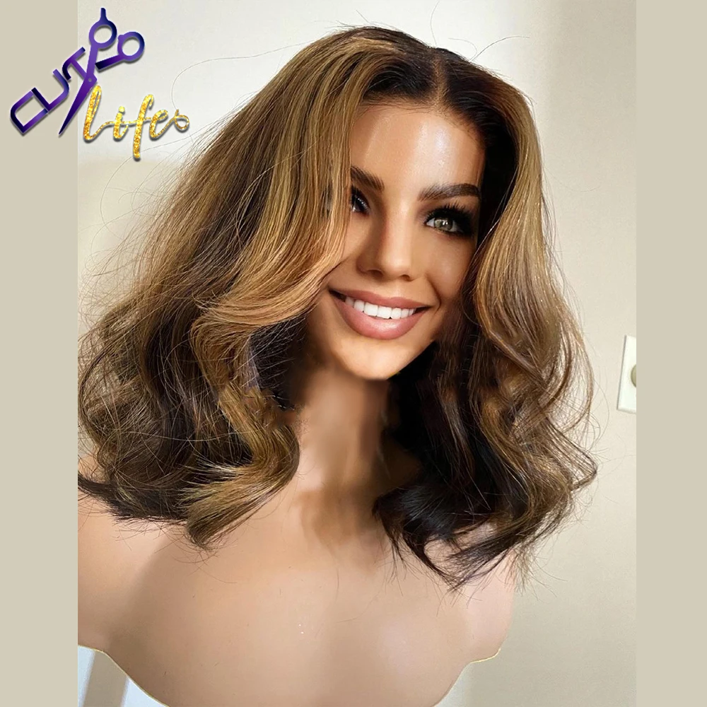 Highlight Short Wavy Wig 13x4 Lace Front Wig Brown Human Hair Brazilian Bob Wigs PrePlucked Lace Frontal For Women Cutlife