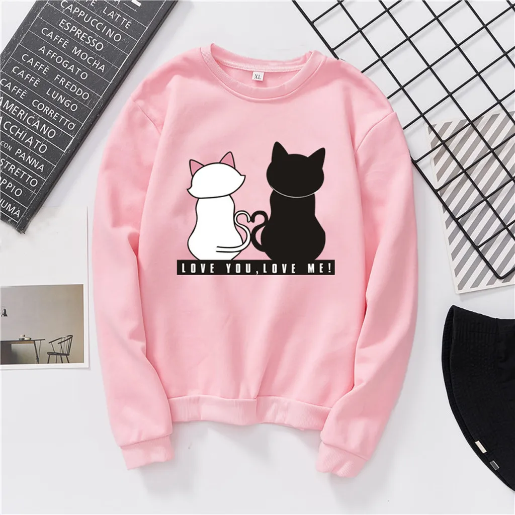 Харадзюку толстовки для женщин дамы kawaii кошки печатных с длинным рукавом круглый воротник толстовка женские осенние Топы Блузка Sudadera Mujer
