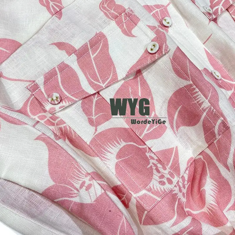 Linen Jumpsuit For Woman 2020 Summer New Fashion Blogger Style Pink Leaf Print Short Sleeve Elegant Casual Rompers