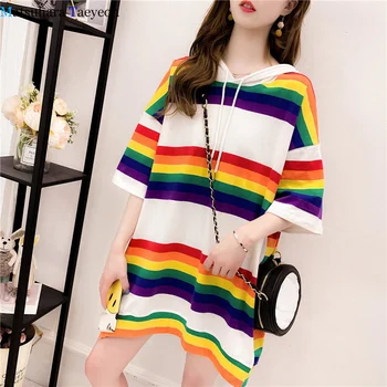 

New tide striped rainbow casual tshirt loose women Hoodie short sleeved women t-shirt tops female t shirt Harajuku clothes