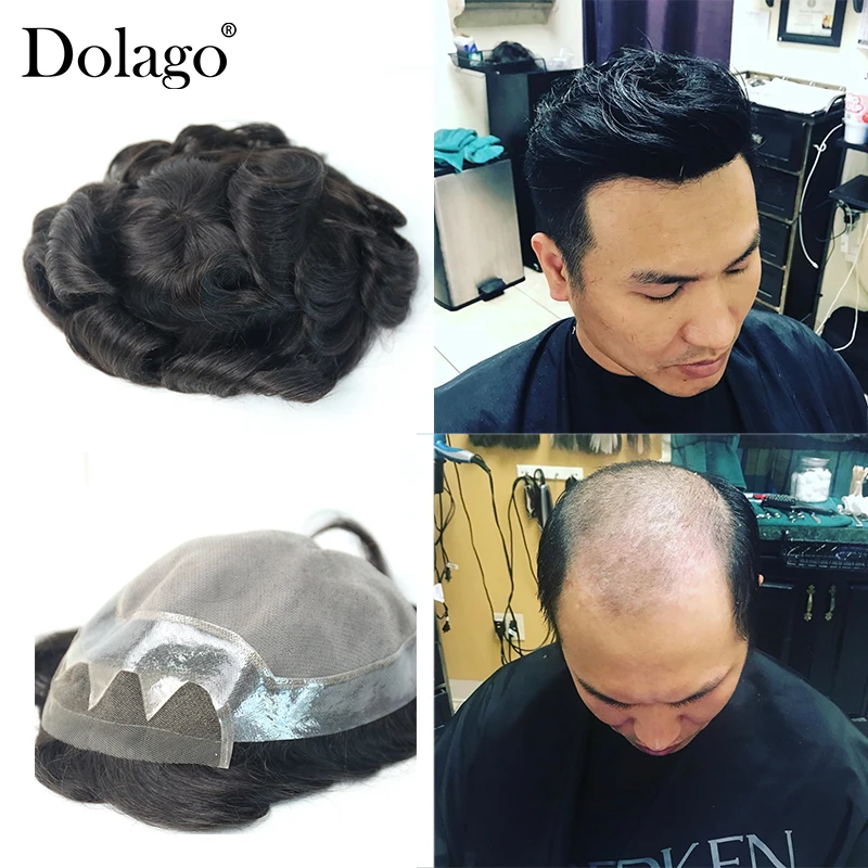 Suíço com Pele Sistema de Substituição para Homens Peruca Masculina Laço Toupees Cabelo Humano 100% Natural Remy Dolago 10×8′