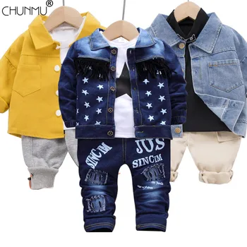 

Fashion Autumn Children's Cotton Button Denim Coat +Top + Jeans 3 Pcs Suits Kids Clothes Sets Baby Boys Outfit Coat Suit