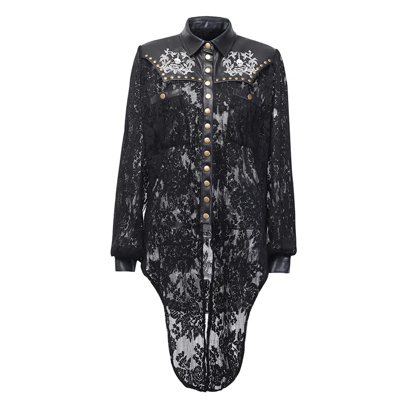 Sexy Lace PU Leather Jackets Coat Women Autumn Black See Through Tops Skull Print Fashion Punk Rivet Streetwear Outerwear Female