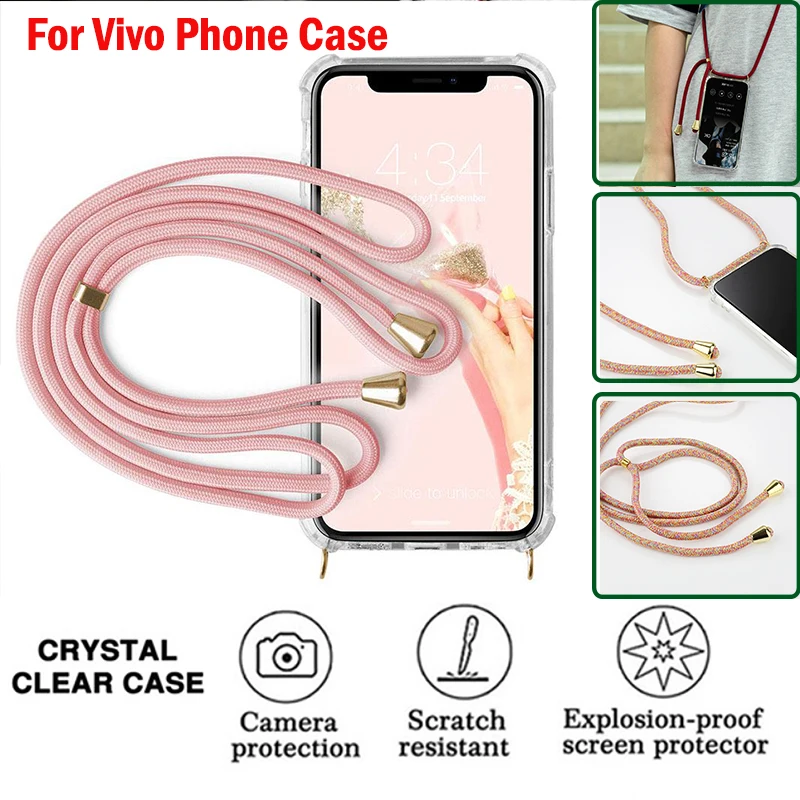 

Lanyard Neck Strap Retractable Soft Transparent TPU Phone Case For Vivo S1 Pro V11 V15 V17 V7 V9 Y12 Y15 Y17Pro With Phone Strap