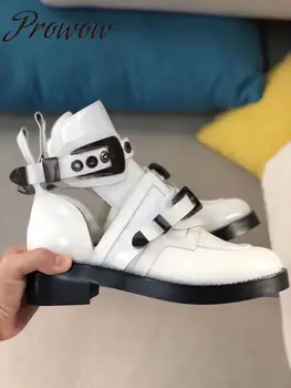 

Ollymurs HIgh Quality Genuine Leather Cutout Ankle Boots Round Toe Buckle Strap Thick Heel Low Heel Autumn Branded Boots