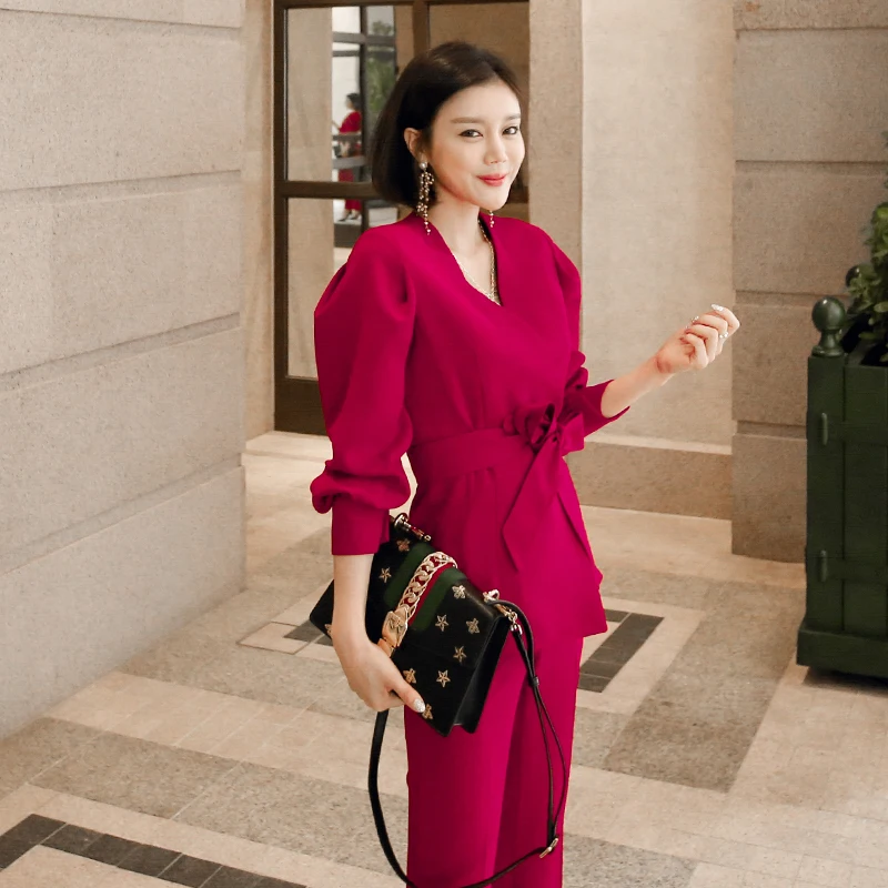 New Autumn Red Lady Fashion V-neck Office Work Elegant Two Piece Set Women Pant Suit High Quality With Sashes Casual