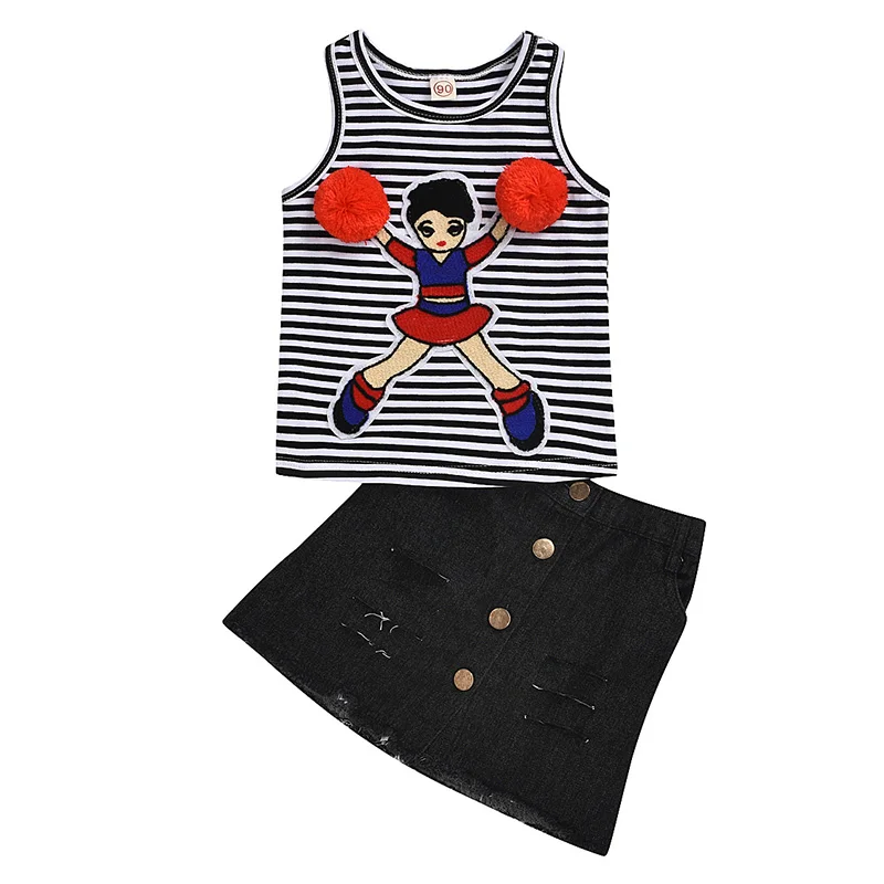 

Модель 2020 года, детский комплект одежды для девочек, топ в полоску для девочек с рисунком чарлидинга + черная джинсовая юбка с пуговицами и бахромой, костюм из 2 предметов для девочек