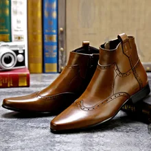 Vintage Pointed Toe Genuine Cow Leather Brogue Men Ankle Boots Luxury Zipper Dress Boots Men Brand Male Fashion Boots