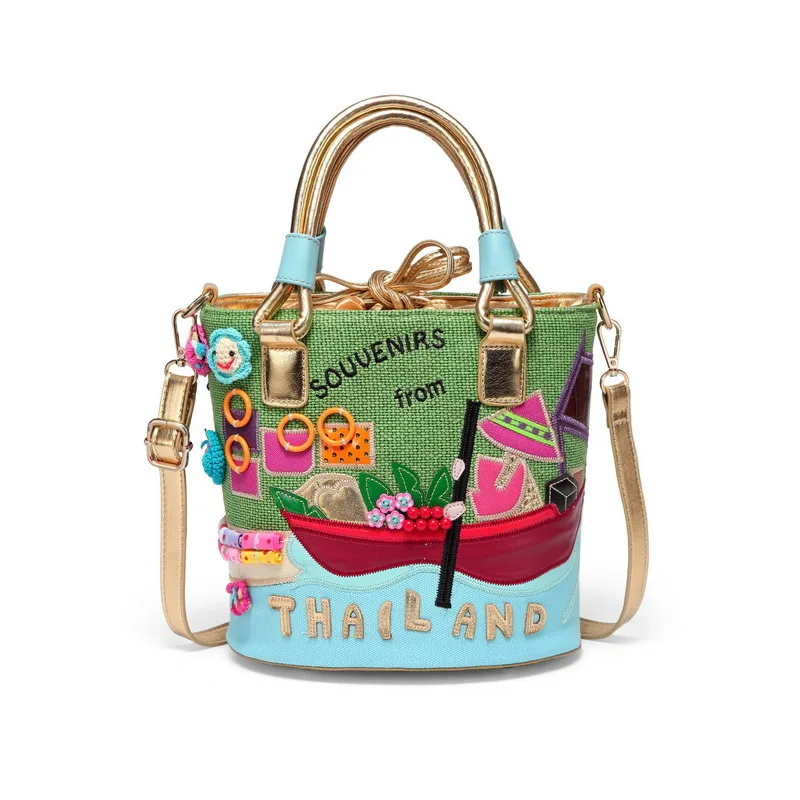 Женская сумка, сумка-мешок из холста, зеленая, для отдыха, тайская, портативная, диагональная, маленькая сумка
