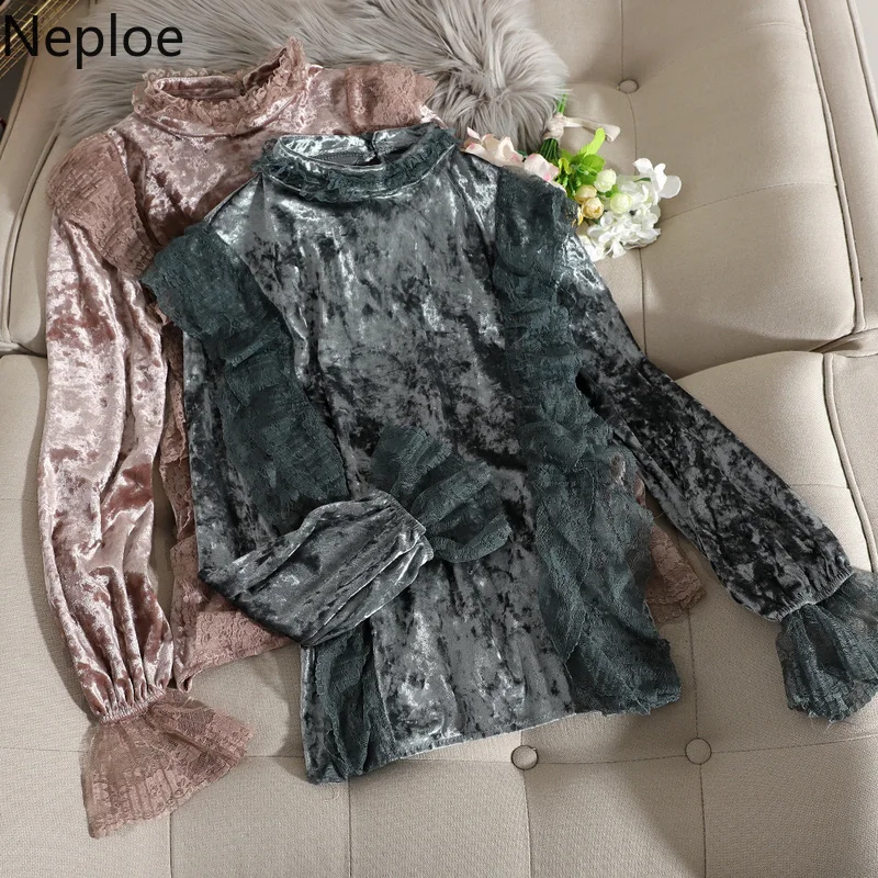 Neploe, элегантные, кружевные, с оборками, золотые, вельветовые, Blusas, осень-весна, новинка, Ins, водолазка, расклешенная, длинный рукав, блузка, тонкая рубашка