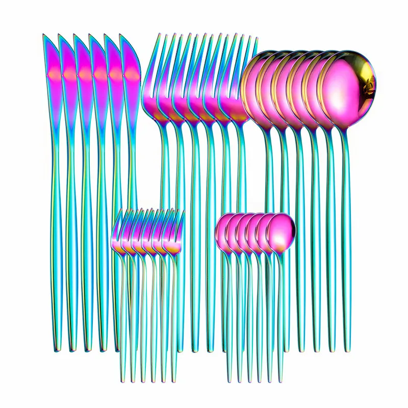 

30Pcs Rainbow Cutlery Set Stainless Steel Dinnerware Set Dinner Knife Fork Tea Spoons Flatware Kitchen Tableware Silverware Set