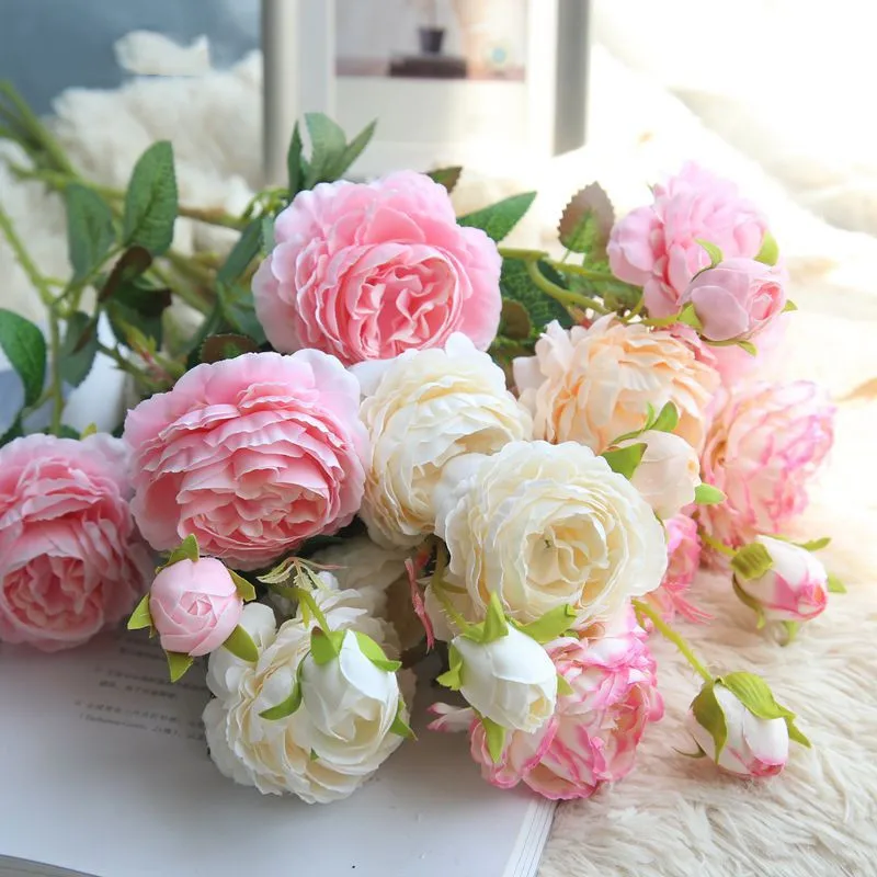 3 головки искусственных роз Белые пионы шелковые цветы Красный Розовый Синий искусственный цветок для свадьбы Декор для дома пион букет цветок