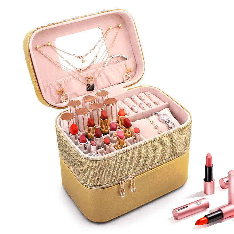 

New Women Large Makeup Bag Girl Cosmetic Jewelry Case High Quality Leather Female Make Up Box Luxury Fashion Travel Wash Bags